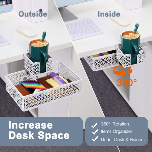 Under Desk Drawer Organizer, Clip-on Cup Holder, Rotated Storage Drawers for Desk Organizer, White