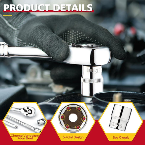 TOHOME 1/4" Set 74-Piece, 1/4 Set 1/4" Set (5/32-Inch- 9/16-Inch, 4mm-14mm) Drive Socket Drive Master Socket