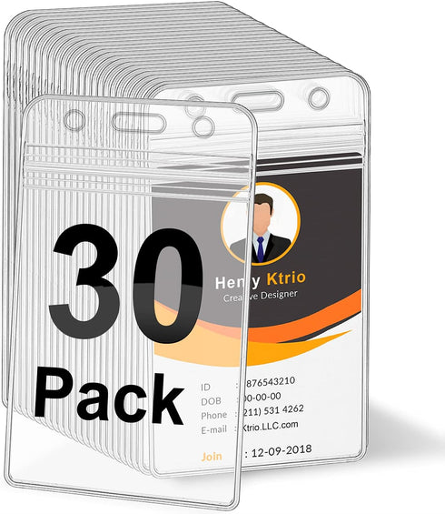 KTRIO Vertical ID Badge Holders - 30 Pack Waterproof Resealable Zip for Nurses, Office, and School