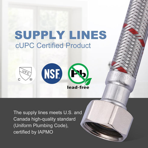 36 Inch Faucet Hose, 1/2 to 1/2 , Braided Stainless Steel cUPC Supply Lines, 1 Pair