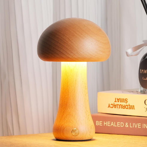 Small Wood Mushroom Lamp, LED Cordless Touch Lamp, Portable Dimmable Battery Lamp for Bedroom Nightstand