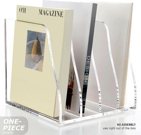 SANRUI Acrylic Desk File Organizer, 4 Vertical Compartments Clear Magazine Holder for Office Accessories Organization