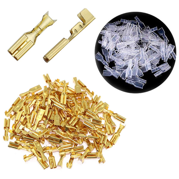 100-Pack 2.8mm Gold Female Spade Crimp Terminals with Insulating Sleeves, Self Lock Plug Electrical Cable Connectors