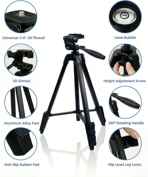 VulcanForge 17"-63" 1.5lb 3D Aluminum Tripod for Laser Level, Lightweight, Pan Tilt with Bubble Level, Quick Release