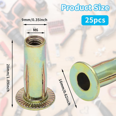 25Pcs M6 Steel Multi Grip Rivet Nuts Pre Bulbed Shank Zinc-Plated Flat Head Threaded Insert Nut Fasteners for Industrial