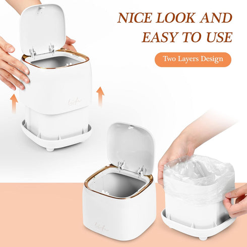 Mini Countertop Trash Can with 10 Rolls of Trash Bags - Waste Can with Press Type Lid for Bathroom Vanity, White