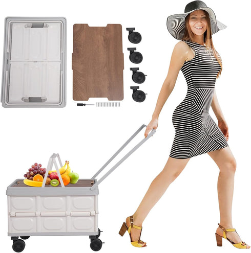 MooneHived Foldable Cart, Rolling Storage Crate with Lid Wheels, 55L Large Capacity Collapsible