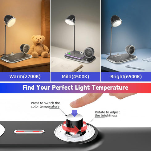 DICEYKNOD 3-in-1 15W 360 3 Dimmable, 800LM 85, LED Desk Lamp with Wireless Charger & Exclusive Bluetooth Speaker