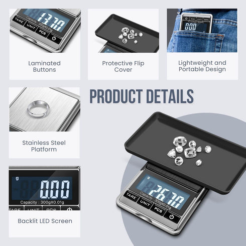 Flexzion Jewelry Small Digital Scale, .01 Gram Accuracy, Portable Digital Scale with 300g Weight Capacity