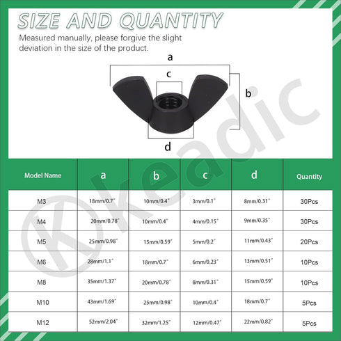 Keadic 110Pcs Nylon Metric Wing Nuts Assortment Set, M3 M4 M5 M6 M8 M10 M12, Black Hand Twist Tighten Butterfly Nut