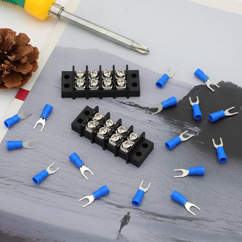 Terminal Block 2 Pack - 4 Circuits 20-30A 200v-450v Dual Row Screw Terminals + 16 PCS Heat Shrink Connectors