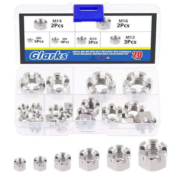 Glarks 20Pcs M6 M8 M10 M12 M14 M16 304 Stainless Steel Hexagon Slotted