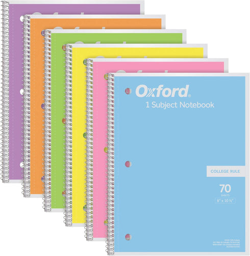 Oxford Spiral Notebook, 1 Subject, College Ruled Paper, 8 x 10-1/2 Inch, Set of 6, Pastel Pink, Orange, Yellow, Green,