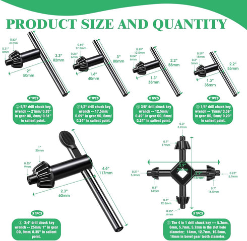 6Pcs Carbon Steel Drill Chuck Key Wrench Set, 3/4" 5/8" 1/2" 3/8" 1/4" Electric Drill Clamping Tool and 4 in 1 Steel Drills Chuck Key for Drill Power Tools Accessories