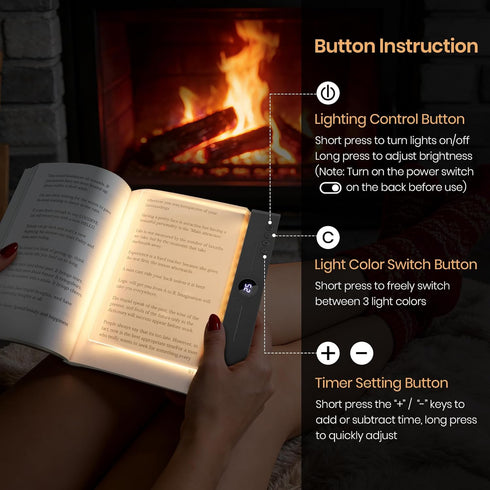 3 Dimmable Flat Book Light, Rechargeable Clear LED Smart Reading Light with Colors & Timer, Full Page Panel Plate Lamp