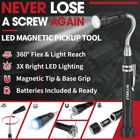 DIYSELF Magnetic Pickup Tool, Telescoping Magnet Stick, LED Flashlight, Flexible Magnetic Pickup Tool, Extendable