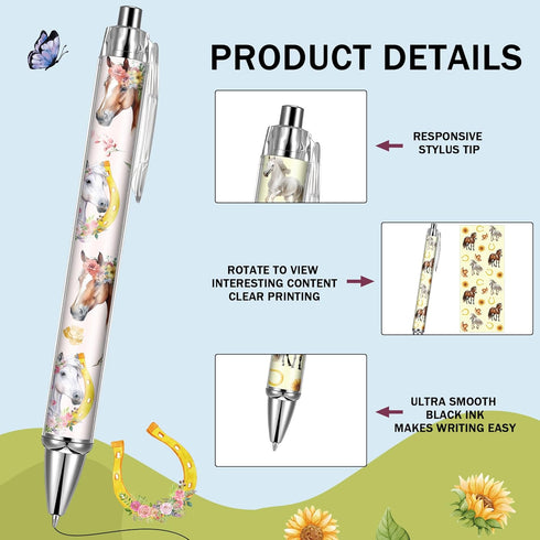 Horse Ballpoint Pens Supplies - 24 Pcs Retractable Office Gifts Supplies, Horses Black Ink Pen, Smooth Fine Point