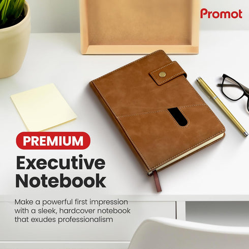 Promot PU Leather Notebook with Pen - A5 Lined Daily Journals for Writing Men Women, Executive Hardcover Notebook for Work, Travel Diary, Gift Idea, 200 Pages, Elastic Pocket, Bookmark, Strap, Brown