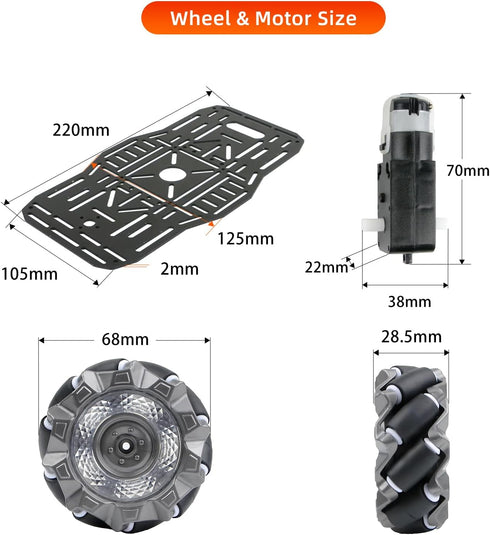 4WD 68mm Omnidirectional Robot Car Chassis Kit with Mecanum Wheels, TT Motor, Aluminum Alloy Metal Platform