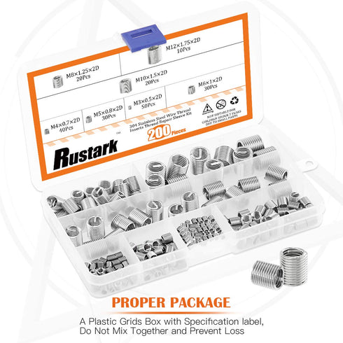 200 Pcs Wire Thread Inserts Kit, 304 Stainless Steel Metric M3 M4 M5 M6 M8 M10 M12 Helicoil Thread Repair Kit