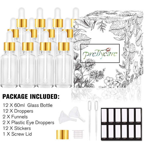 PrettyCare Eye Dropper Bottle 2 oz, 12 Pack Clear Glass Bottles with Golden Caps, Labels, Funnel & Pipettes