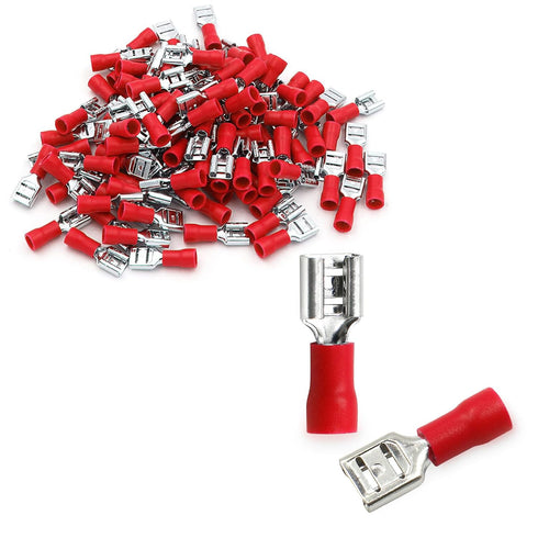 Baomain 1/4" Female Quick Disconnect Spade Terminals - Insulated Crimp Connectors 22-16 AWG 6.3mm (Red, 100-Pack)