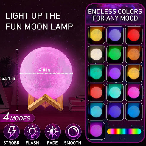 16 3D 4.8 INCH) LOGROTATE Moon Lamp, Colors LED Night Light for Kids Printing Moon Light with Stand& Remote/Touch