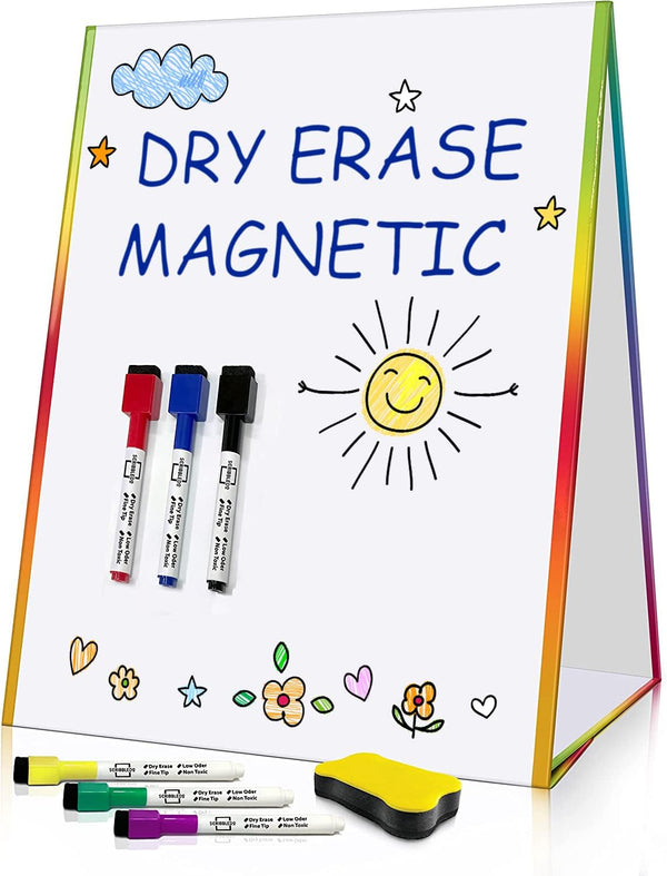 Table Top Magnetic White Board Easel for Kids, Dry Erase Drawing Board with 6 Markers and 1 Eraser Included