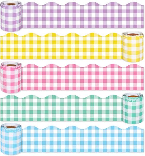 Whaline 164ft Buffalo Plaid Bulletin Board Borders, 5 Rolls Spring Easter Die-Cut Trim for Classroom