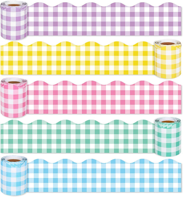 Whaline 164ft Buffalo Plaid Bulletin Board Borders, 5 Rolls Spring Easter Die-Cut Trim for Classroom