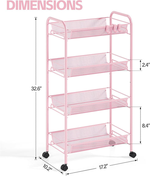 4-Tier 3 SYKIARIOL Metal Utility Cart, Mesh Wire Rolling Cart on Wheels, Storage Trolley with Easy Assembly, Organizer