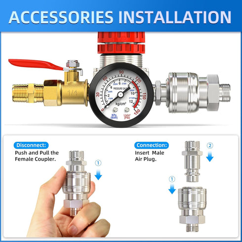 MEANLIN 1/4 Inch Air Compressor Regulator with Gauge, Inline 0-180 PSI for Air Compressor & Pneumatic Tools (Four-way