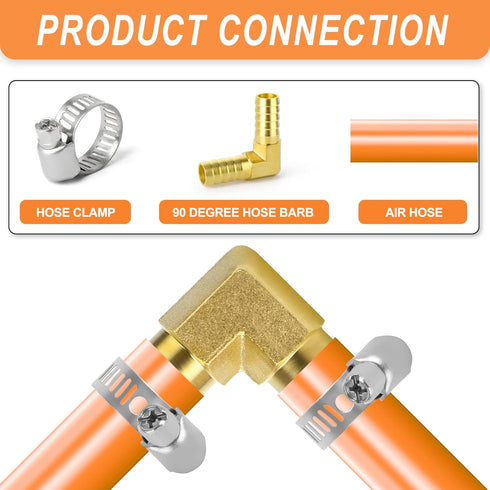 GASHER 2 Pieces Brass Hose Barb Reducer, 1/2 Inch to 1/2 Inch 90 Degree Elbow with 4 Hose Clamps
