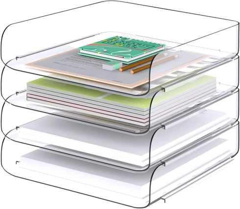 Tomorotec Desk Letter Tray Set, A4 Size Clear PET Stackable Document Organizer, Office Desktop File Holder (4X Portrait)