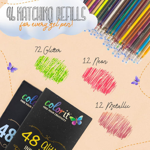 Set 192 Pack 12 12 72 96 2 ColorIt Gel Pens for Coloring with Metallic, Neon, Glitter Gel Pens - Refills & Travel Cases