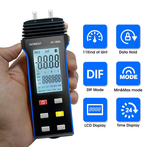 AIOMEST Digital Manometer Gas Pressure Tester ±2 psi / ±13.79 kpa, Dual Port Air Flow Pressure Gauge