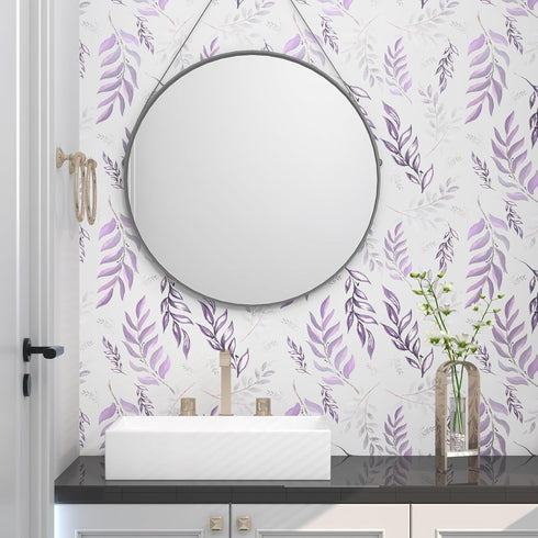 17.5" 393.7", Countertop White Purple Leaf Wallpaper Peel and Stick, Botanical Leaves Contact Paper x Modern Vinyl Wall