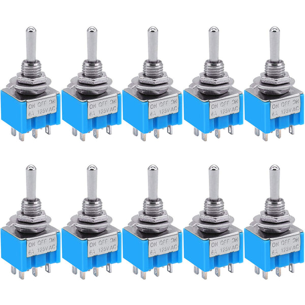 Taiss 10pcs DPDT Mini Toggle Switch - 6-Pin 3 Position ON/Off/ON, 6A 125V MTS-203