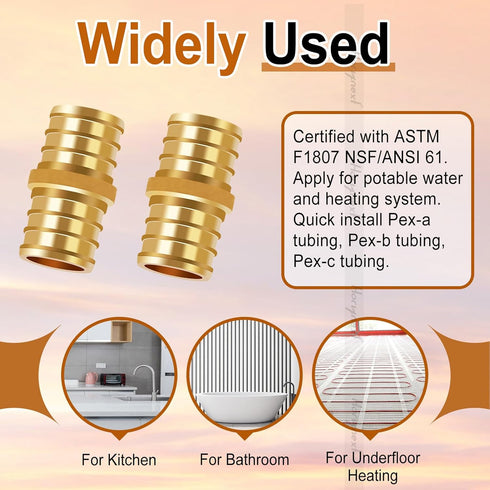 3/4 inch PEX Straight Fitting, Brass Coupling for Water Pipes, 20 pcs with Crimp Ring