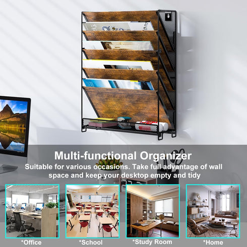 PAG Wall File Organizer, 6-Tier Rustic Hanging Holder for Documents and Magazines, Brown