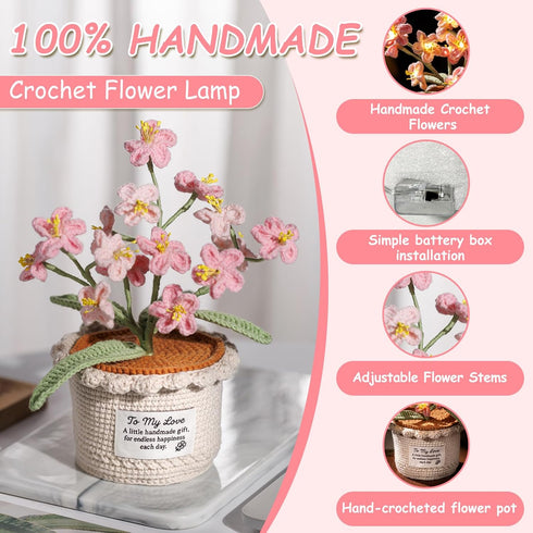 Cozy Forget Me Not Flower Lamp - Pink Crochet Artificial Flowers with Night Light, Cordless Table Lamp, Home Decor
