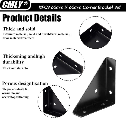 CMLY 12Pcs 66 66mm Corner Brace Brackets, x Black Corner Braces for Wood, Universal Furniture Corner Connector