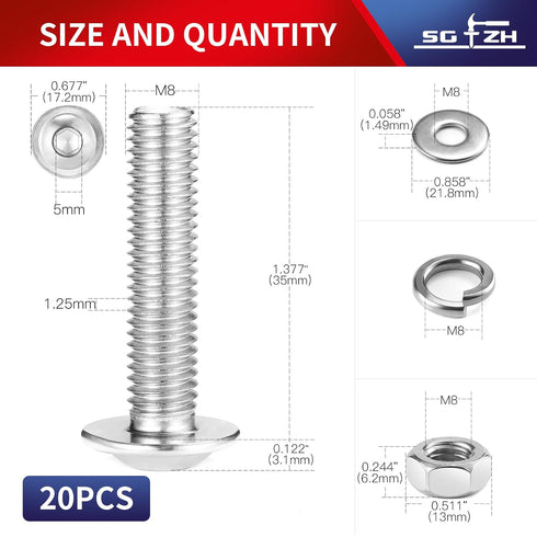 M8 x 35mm Flanged Button Head Socket Cap Screws, 20Pcs 18-8 Stainless Steel, Bright Finish with Hex Spanner
