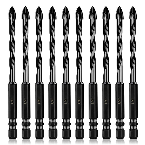 10 Pcs Masonry Drill Bits Set, 1/4" Concrete Drill Bit for Tile, Brick, Glass, Plastic, Tungsten Carbide Tip