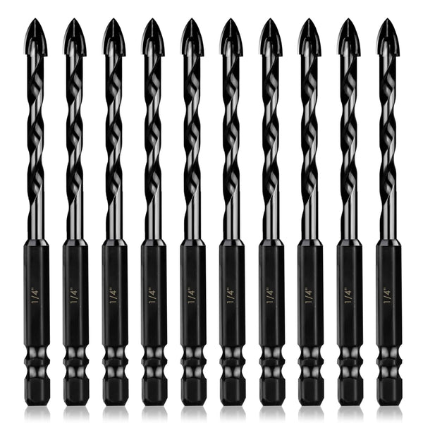 10 Pcs Masonry Drill Bits Set, 1/4" Concrete Drill Bit for Tile, Brick, Glass, Plastic, Tungsten Carbide Tip