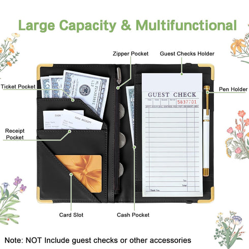 Server Book, Faux Leather Server Books for Waitress, Cute Servers Book with Zipper Pocket & Pen Holder, Serving Books