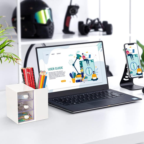 LETURE Small Desk Organizer with Drawer, Office School Storage Box for Card/Pen/Pencil/Marker, Plastic Makeup Organizer