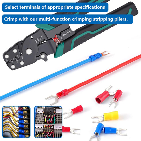 smseace 251pcs Crimping tool with #8(M4) Fork Spade Connectors 22-10AWG Wire Fork Connectors U-Type Fork Cnnectors Terminal Crimp/Stripping/Cutting Multifunction wire crimping tool