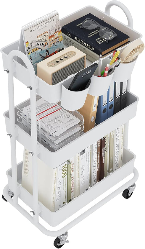 Boeeoan 3-Tier Utility Cart with Wheels, Rolling Cart with 3 Hanging Baskets, Storage