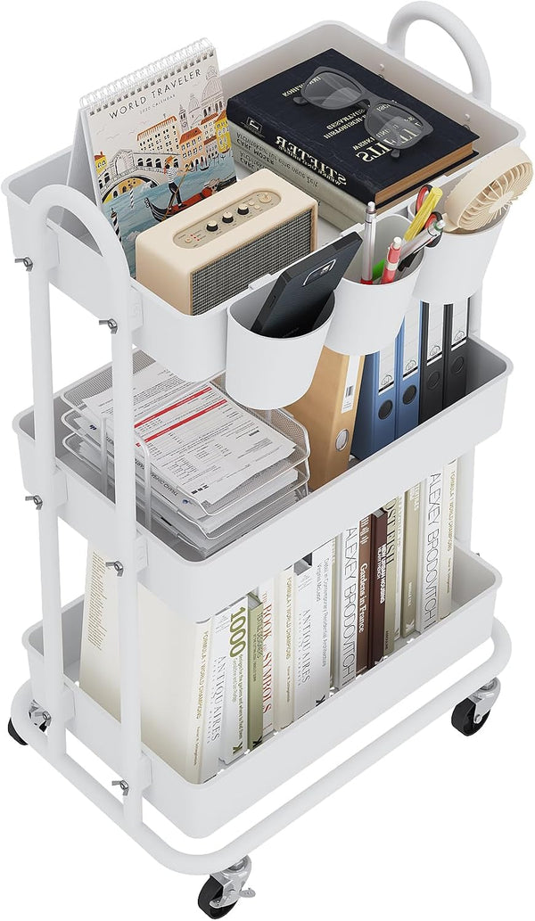 Boeeoan 3-Tier Utility Cart with Wheels, Rolling Cart with 3 Hanging Baskets, Storage